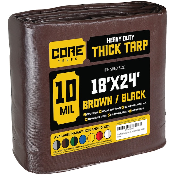 Core Tarps Heavy Duty Tarp, 24 ft L x 0.5 mm H x 18 ft W, 10 Mil, Brown/Black, Polyethylene CT-602-18X24 - main